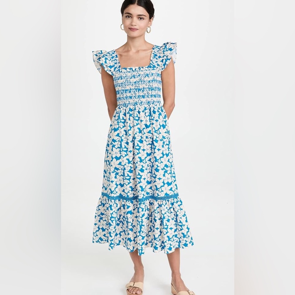 Shoshanna Women's Hilma Flutter Sleeve Smocked Midi Dress Size 6